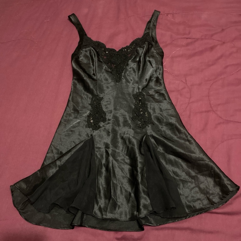 Victoria's Secret Black Satin Chemise with Lace
